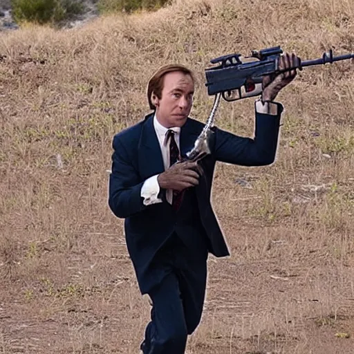 Prompt: Jimmy McGill or Saul Goodman is chimp with a machine gun, still from Breaking Bad,