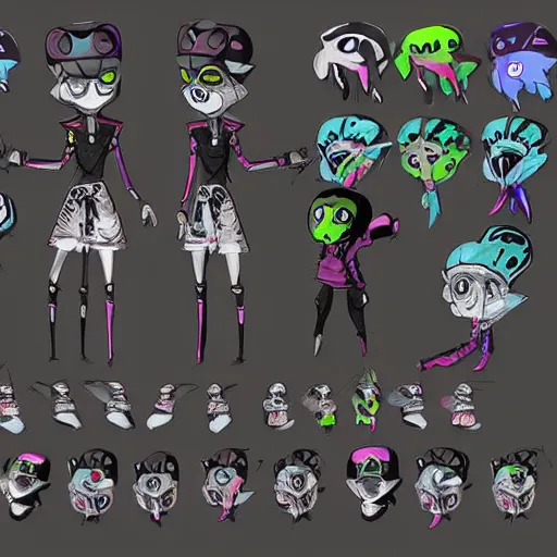 Prompt: character sheets for a new sinister shadowy vampire squid character, artwork in the style of splatoon from nintendo, art by tim schafer from double fine studios, edgy original character color palette from the early two thousands, black light, neon, spray paint, punk outfit, tall thin frame, adult character, fully clothed, vampire, colorful, pop art, official art