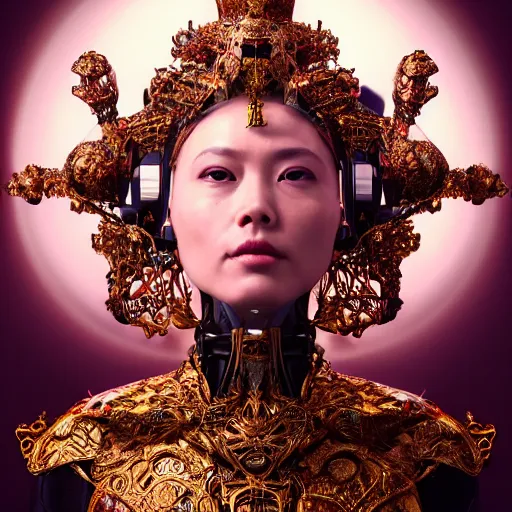 Image similar to a beautiful empress portrait, with a brilliant, impossible striking big cybernetic headpiece, cybernetic clothes, symmetrical, dramatic studio lighting, rococo, baroque, asian, hyperrealism, closeup, D&D, fantasy, intricate, elegant, highly detailed, digital painting, artstation, octane render, 8k, concept art, matte, sharp focus, illustration, art by Artgerm and Greg Rutkowski and Alphonse Mucha