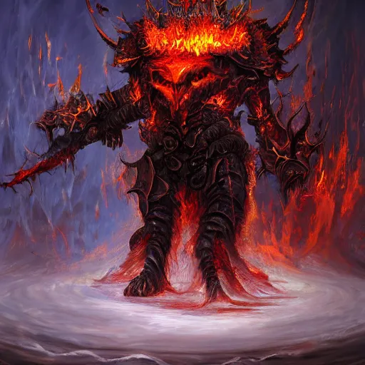 Image similar to inferno demon lord of torment in heavy molten armor, artstation hall of fame gallery, editors choice, #1 digital painting of all time, most beautiful image ever created, emotionally evocative, greatest art ever made, lifetime achievement magnum opus masterpiece, the most amazing breathtaking image with the deepest message ever painted, a thing of beauty beyond imagination or words