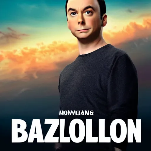 Prompt: movie poster of Sheldon from The Big Bang theory saying Bazinga while standing on a small island