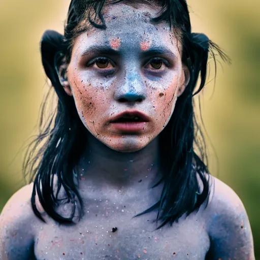 Image similar to a little blue-skinned girl with messy black hair sharp pointed ears freckles along the ridges of her cheeks, dnd triton, high resolution film still, 4k, HDR colors