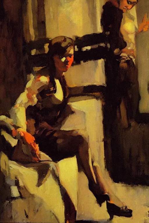 Image similar to your mother in a darkened room, painted by tom lovell frank schoonover dean cornwell phil hale rick berry