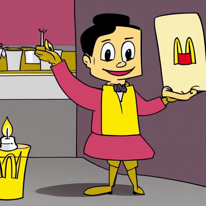 Prompt: a cartoon of a mcdonald's employee holding a candle