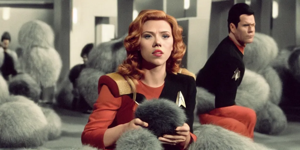 Prompt: Scarlett Johansson and Tribbles in a scene from Star Trek