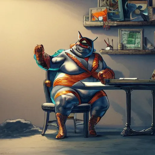 Image similar to a insanely detailed painting of a fat masked superhero wearing a costume sitting at a desk, staring at the nervously at the computer typing, in the style of peter mohrbacher, dramatic lighting and composition, trending on artstation, concept art, comic book