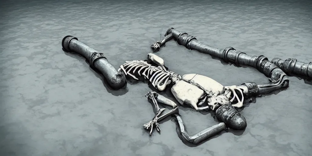 Image similar to skeleton lying in a puddle of mercury, pipe sticking out of the lake, fantasy, digital art, trending on artstation