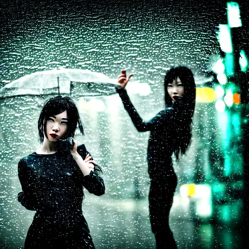 Image similar to a photo close up cyberpunk woman dance in rain, cyberpunk gunma prefecture, midnight, photorealistic, cinematic lighting, highly detailed, bokeh, style by tomino - sama