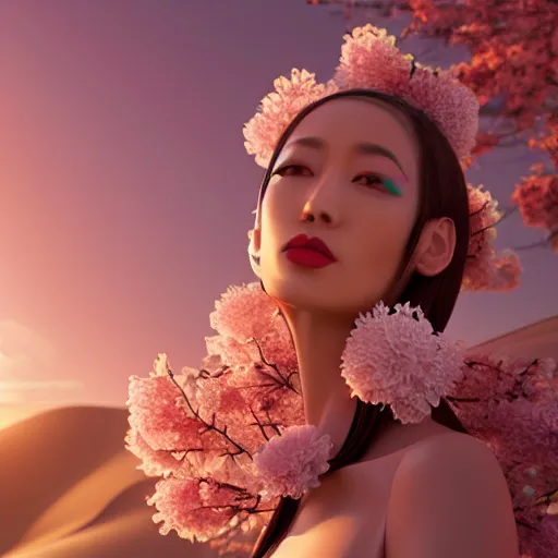 Prompt: innovative avant-garde art, deco fashion, japanese women, cherry blossom theme, highly detailed, photorealistic portrait, serene desert setting, golden hour, crisp quality and light reflections, unreal engine 5 quality render