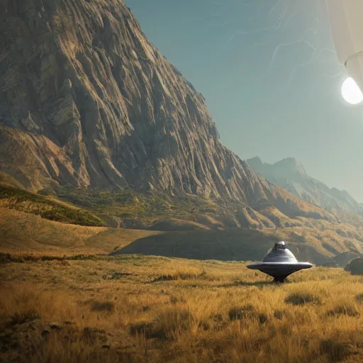 Prompt: very detailed, octane render, realistic, 8 k, unreal engine 5, dramatic, volumetric, mountain with ufo landing, robots watxhing, morning, ian hubert