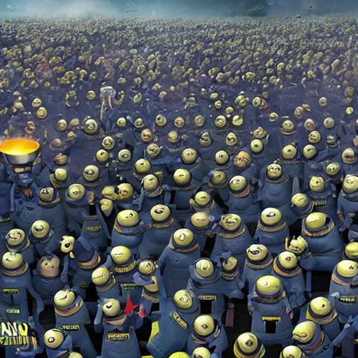 Prompt: POV of one hundred minions chasing you. The minions are carrying torches and pitchforks. The minions are angry. concept art, sharp lighting, 4k, detailed, Peter Jackson, Ridley Scott, bright colors