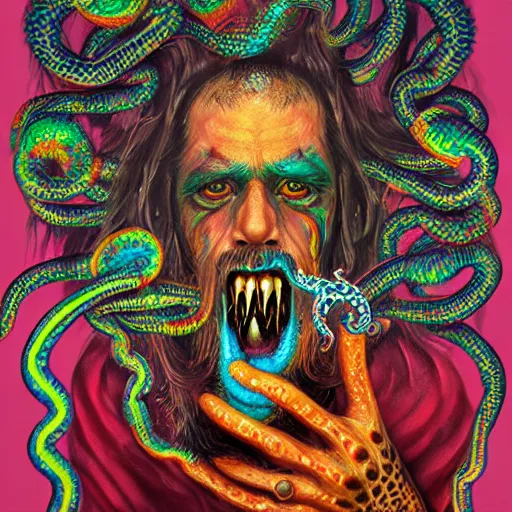 Image similar to a painting of a psychedelic shaman with snakes coming out of his mouth, a surrealist painting, polycount, behance, surrealism, surrealist, lovecraftian, cosmic horror, grotesque