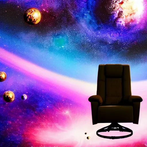 Image similar to a person floating out of their recliner chair, dramatic galaxy background scene, stars planets suns