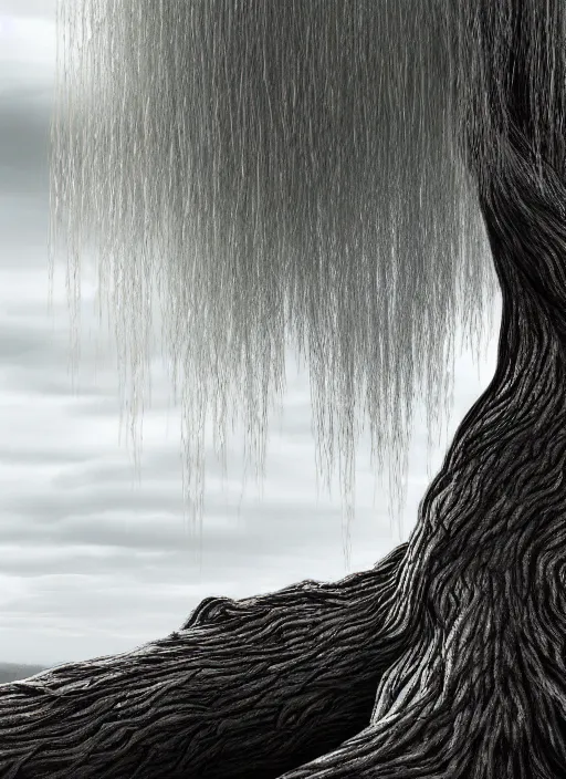 Image similar to nature photograph of a weeping willow with black bark and silver leaves sitting on a cliff in the style of stefan kostic, realistic, half body shot, sharp focus, 8 k high definition, insanely detailed, intricate, elegant, art by stanley lau and artgerm, luis royo, cloudy background