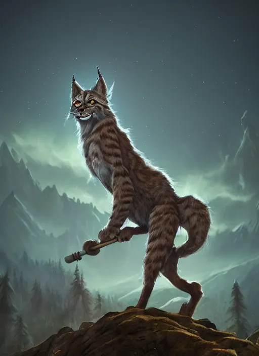 Image similar to anthropomorphic lynx standing tall, holding a scepter, night, spruce trees on the sides, mountains in the background, eerie dark atmosphere, moonlit, back light, fantasy movie, fantasy art, fantasy matte painting, trending on artstation