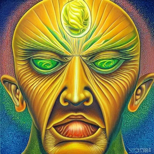 Prompt: Alex Grey painting of a lemon god