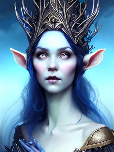 Image similar to the elven queen with blue skin by james jean, charlie bowater, tom bagshaw, nikolay makovsky : : enchanting, ethereal, magical, portrait, character design, illustration, hyperrealism, photorealism, digital art, concept art, fantasy, whimsy, weta, wlop, artstation