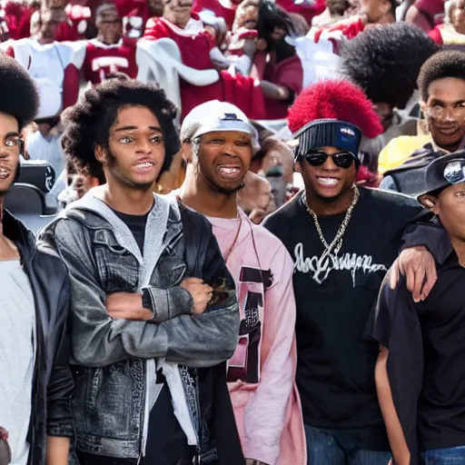 Prompt: Live Action Still of the cast of The Boondocks attending a college homecoming game, real life, hyperrealistic, ultra realistic, realistic, highly detailed, epic, HD quality, 8k resolution, body and headshot, film still