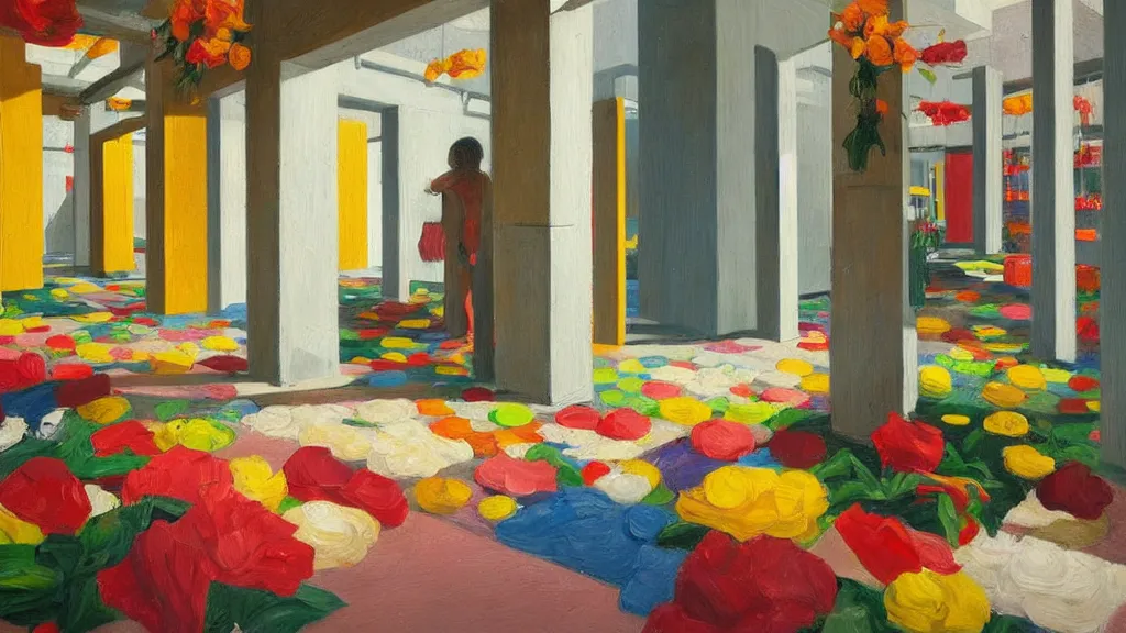 Image similar to colorful minimalist industrial interior hallway with monolithic pillars in the style of ridley scott and stanley kubrick, impossible stijl architecture, bed of flowers on floor, ultra wide angle view, realistic detailed painting by edward hopper