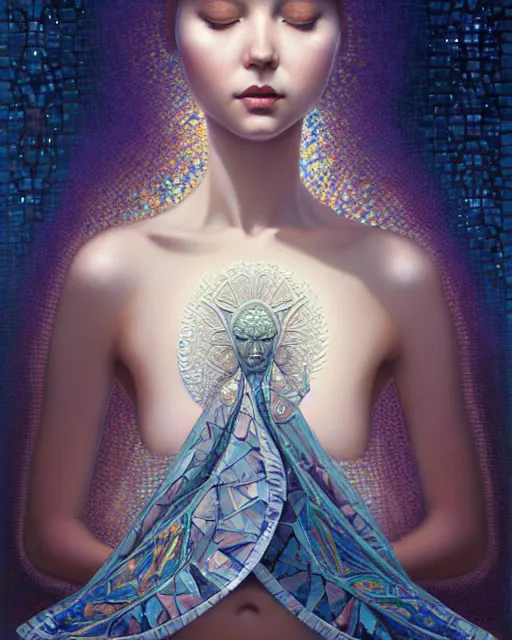 Prompt: tragedy of the mind - driven, silk, fractal crystal, serenity, scarf, ( byzantine mosaics art ) by ilya kuvshinov, greg rutkowski, tom bagshaw, james jean, victo ngai, ryohei hase, thomas kinkade, elegant, masterpiece, award winning