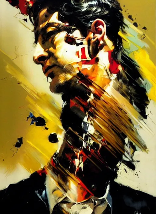 Image similar to 'howard hamlin'!! getting shot, head exploding, painting by phil hale, 'action lines'!!!, graphic style, visible brushstrokes, motion blur, blurry