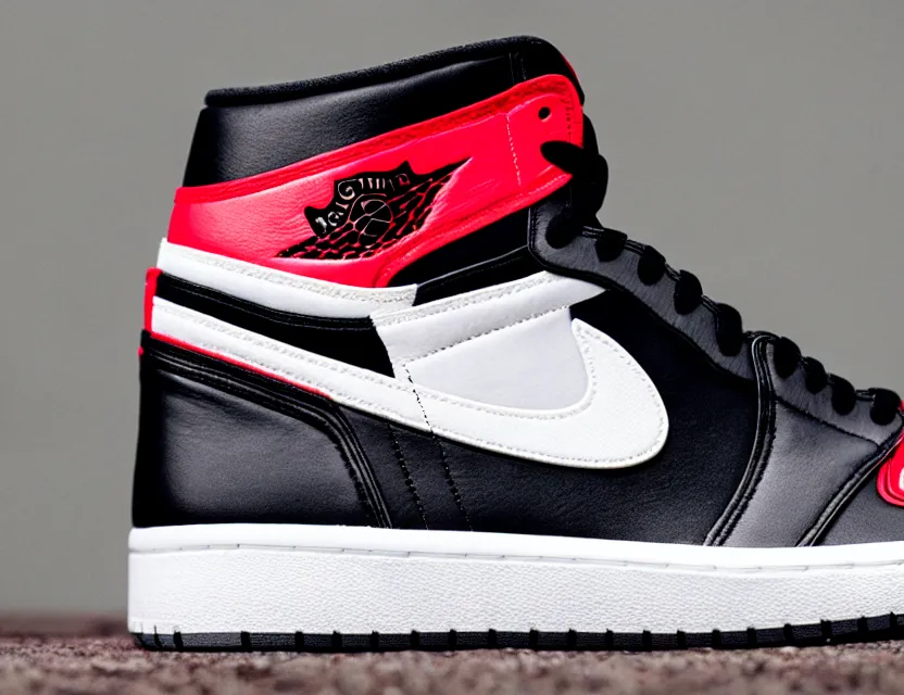 Image similar to a press photograph of nike jordan 1 black red and white