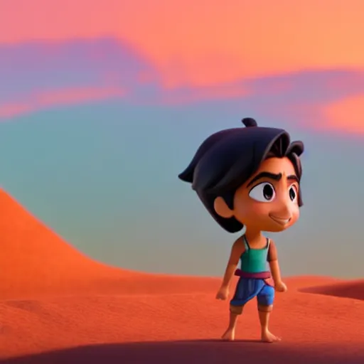 Image similar to profile view of young aladdin as nendoroid walking in a desert in the croods movie style, anime, disney, pixar, 8 k, hd, dof, kodak film, volumetric lighting, subsurface scattering, photorealistic, octane render, details