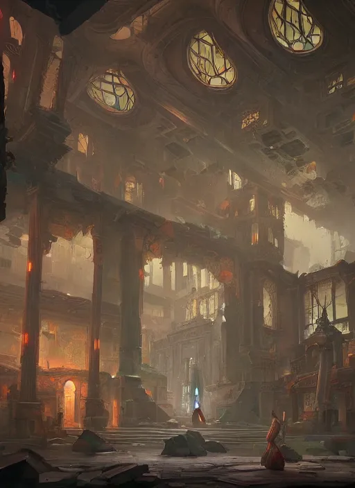 Prompt: a detailed matte painting of a temple interior, broken tiles, broken windows, digital art, immaculate scale, trending on artstation, peter mohrbacher