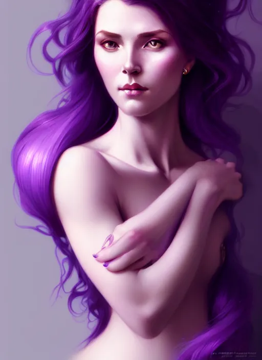 Image similar to Purple hair Portrait of woman, intricate, elegant, highly detailed, digital painting, artstation, concept art, smooth, sharp focus, illustration, art by artgerm and greg rutkowski and alphonse mucha