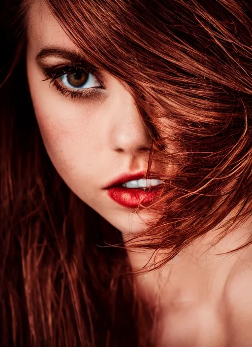 Image similar to Close-up portrait photo of a beautiful girl with light brown hair with red highlights , dramatic light,flash studio,in the style of Lindsay Adler, dark background, high quality