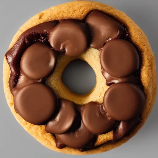 Prompt: Perfectly circular donut!!!!! in the style of a chocolate chip cookie!!!!!!, trending on artstation, 4k, 8k, professional photography, overhead shot, 35mm lens