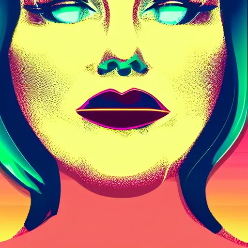 Prompt: a closeup of a woman in retro colors, synthwave style, 2 d digital vector art