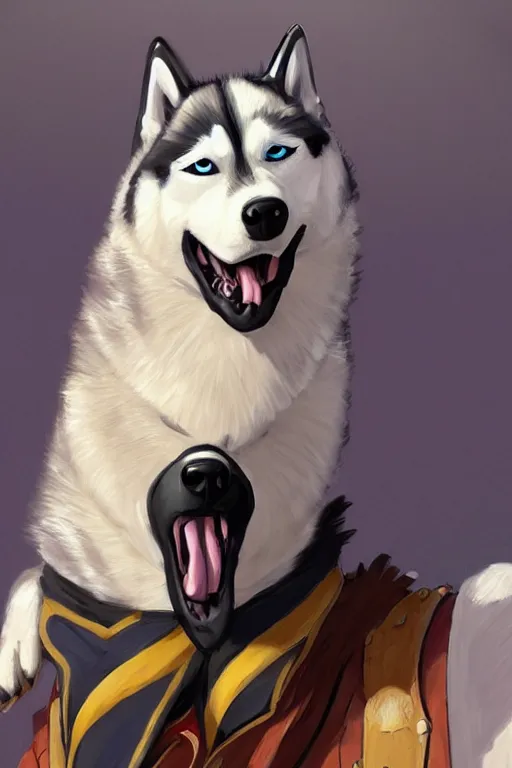 Image similar to a portrait painting of a husky in cowboy costume in the style of anime, [ western film ], [ character design ], humanoid, personify, anthropomorphic, trending on artstation