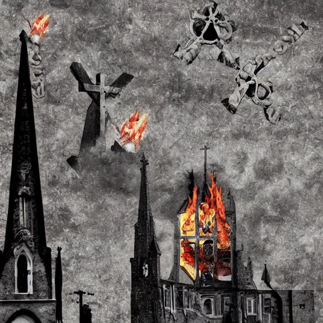 Prompt: burning church, burning cross, surrealistic collage art