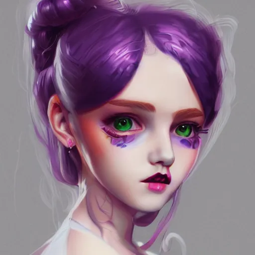 Prompt: a girl wearing lolita clothes, purple lipstick, highly detailed, digital painting, artstation, concept art, smooth, sharp focus, illustration