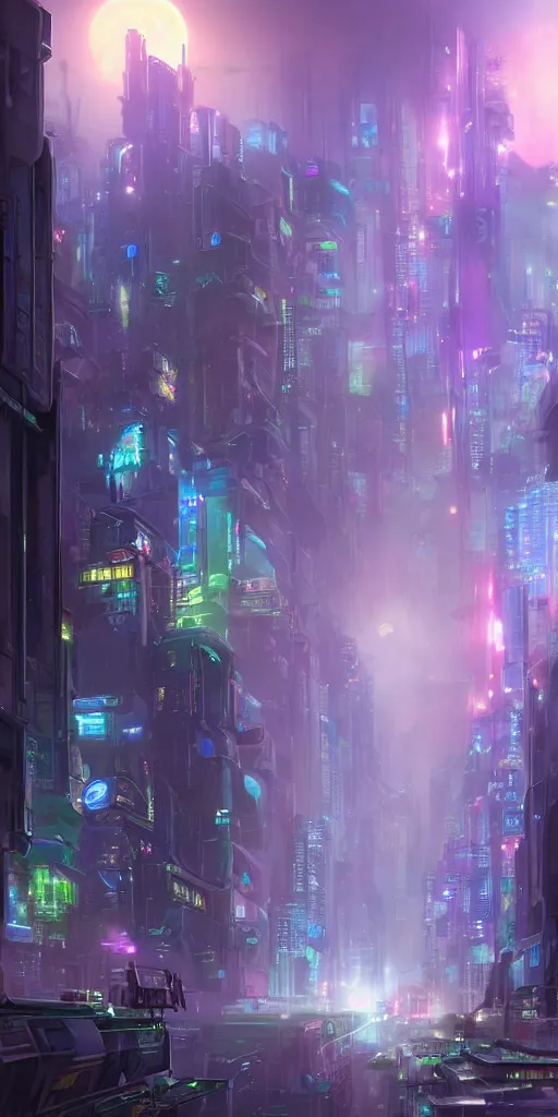 Image similar to a futuristic cyberpunk city where the sun never shines and the moon is always full. the lights are colorful and the air is thick with fog. by tyler edlin.