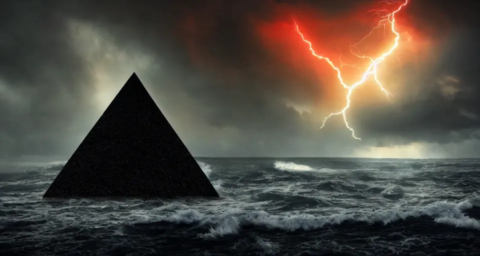 Image similar to photo of black lovecraftian eldritch!! obsidian pyramid!! on a snowy island surrounded by raging stormy seas, with a large shadow of a creature in the background, night, red lightning!!, storm!, dramatic lighting, photo realistic, 8 k