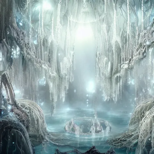 Image similar to under an white intricate like jewels epic forest suspended in the air upside down, a white pool with intricate epic circles of water within which float phantasmagoric female robots, dressed in intricate veils and jewels, epic environment, matte painting, diffused lighting, highly detailed, cinematic, epic atmosphere, digital art, trending on artstation, wide angle