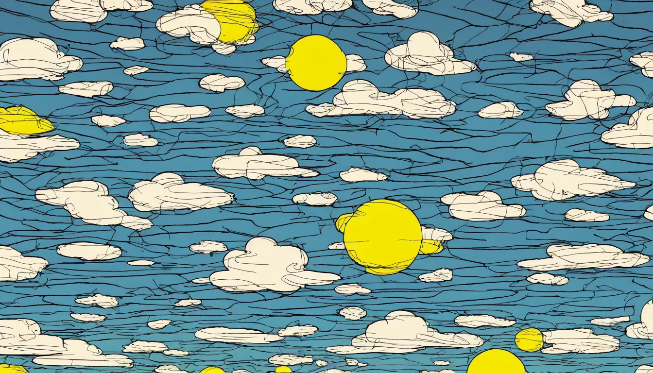 Prompt: clouds in the shape of charlie brown light rays by dan mumford and peter doig and hey arnold, symmetrical, minimal, black ink, thick lines highly detailed, muted colours 8 k