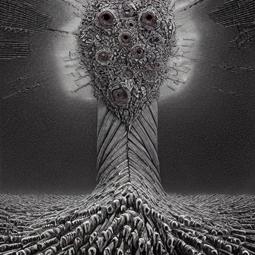 Image similar to horryfing mutant bird made of electricity fused with thousands of birds, thousand heads, mutilated, horror, blood, heavy damage, post apocalyptic, dystopian surrealism, grey, zdzisław beksinski, sad atmosphere, volumetric light, style giger, alex ries, symmetry accurate features, symmetry accurate features, very intricate details, high resolution, intricate