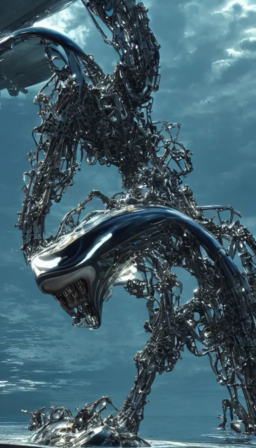 Prompt: summoning a beautiful biomechanical orca spirit from the ocean, organic and robotic, made up of many bits of metal, skin, and plastic, wet, shiny, metallic, cyberpunk, apocalyptic, hyper realistic, cinematic angle unreal engine render, 8k, super detailed, SLEEK!!!