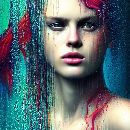 Image similar to dramatic asthetic portrait of revelation in uniquely colored rain with wet hair and face, liquid, joy, bliss, ecstasy, fantasy, intricate, elegant, dramatic lighting, highly detailed, lifelike, photorealistic, digital painting, artstation, concept art, smooth, sharp focus, art by John Collier and Albert Aublet and Krenz Cushart and Artem Demura and Alphonse Mucha