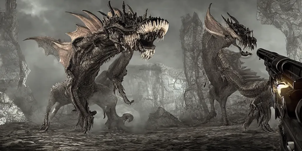 Image similar to Gameplay footage of a first person game with the player shooting a creepy grotesque dragon, designed by H.R Giger and Kojjima, amazing graphics