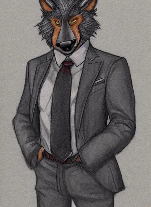 Prompt: master furry artist colored pencil drawing full body portrait character study of the anthro male anthropomorphic wolf fursona animal person detective wearing suit and tie