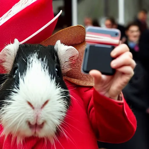 Image similar to a guinea pig taking a selfie in front of Queen Elizabeth II