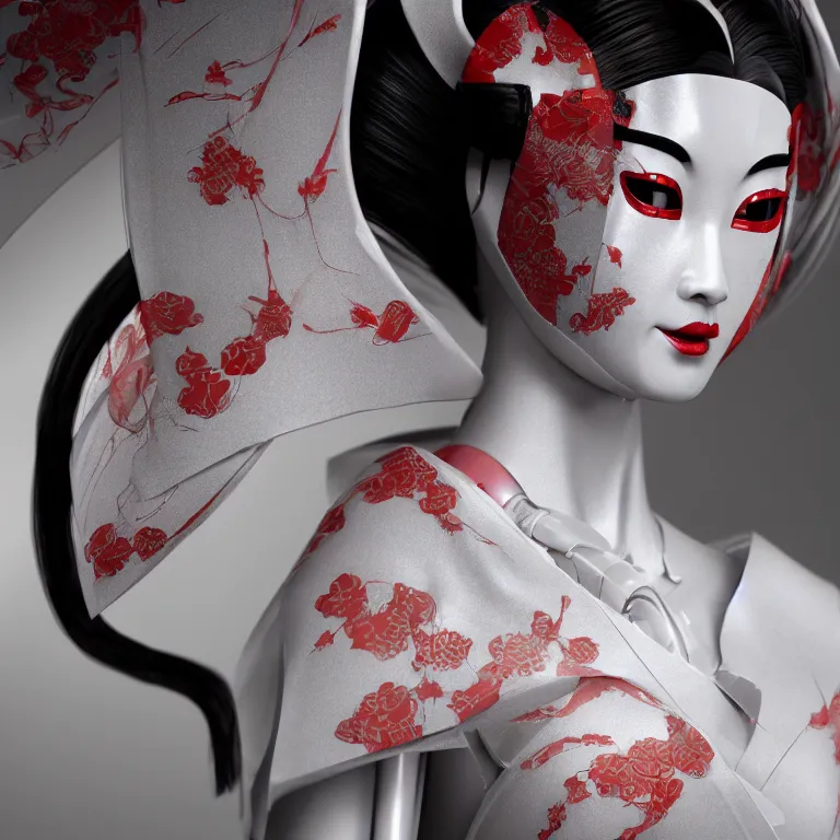 Image similar to a beautiful japanese geisha robot android portrait, kabuki mask, in the style of ash thorp, beautiful, diffuse cinematic lighting, anamorphic lens, anamorphic lens flare, hyper real, intricate detail, octane renderer, unreal engine 5