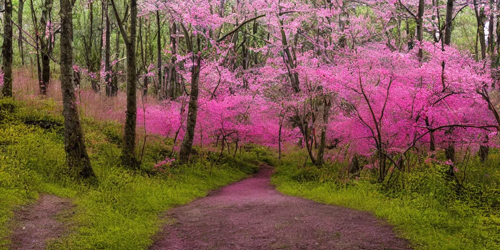 Prompt: A fantastical deep pink cherry blossom tree forest with jellyfish grass. Yellow dirt road is going through the middle of the forest. Weird animals can be seen in the darker parts of the forest.