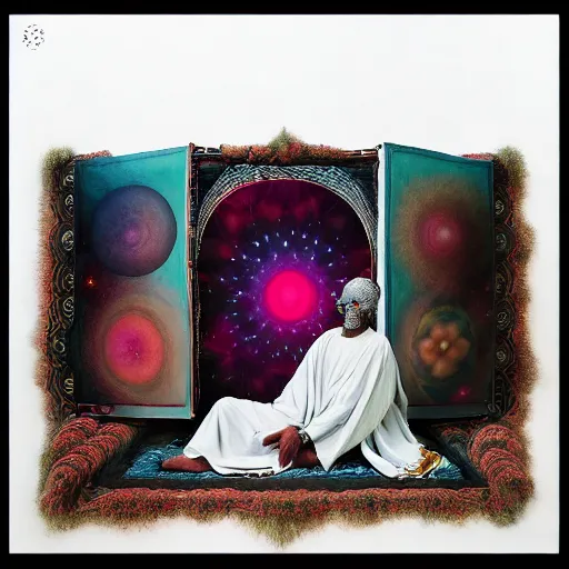 Image similar to obatala the cosmic god sitting in a cabana made of nebula clouds, by Adi granov and afarin sajedi and amanda sage and evgeni gordiets and Agostino Arrivabene in a psychedelic portrait style, ultrarealistic matte painting, volumetric lighting, fractal, extremely symmetrical, highly detailed face, orisha, 8k, hd