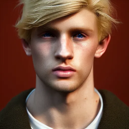 Image similar to A videogame portrait of a blond young Irish man. Male model. Dressed in 1980s style. Highly detailed, fine Art, high detail, great lighting, 8k resolution, masterpiece, concept art, illustration, clear eyes, painting oil on canvas, octane render, HDR, trending on artstation, 4k, 8k, HD