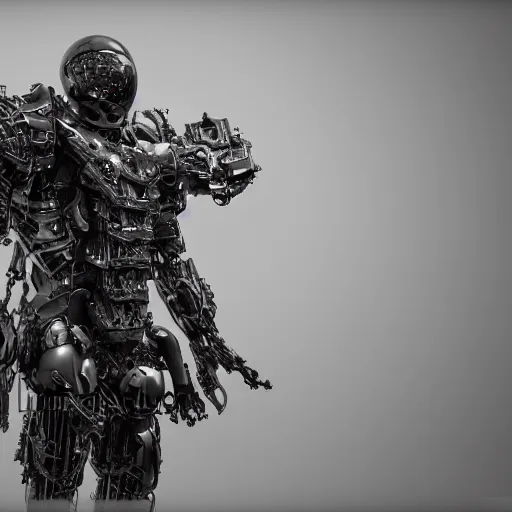 Image similar to Full lenght view contamporary art photography of ultra mega super hyper realistic detailed warmachine by Hiromasa Ogura . Photo on Leica Q2 Camera, Rendered in VRAY and DaVinci Resolve and MAXWELL and LUMION 3D, Volumetric natural light. Wearing cyberpunk suit with many details by Hiromasa Ogura .Rendered in VRAY and DaVinci Resolve and MAXWELL and LUMION 3D, Volumetric natural light